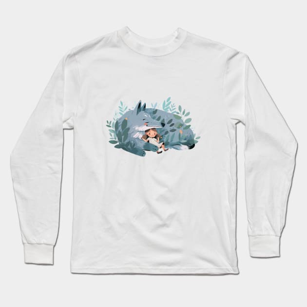 Cute Wolf Animal Loving Cuddle Embrace Children Kid Tenderness Long Sleeve T-Shirt by Cubebox